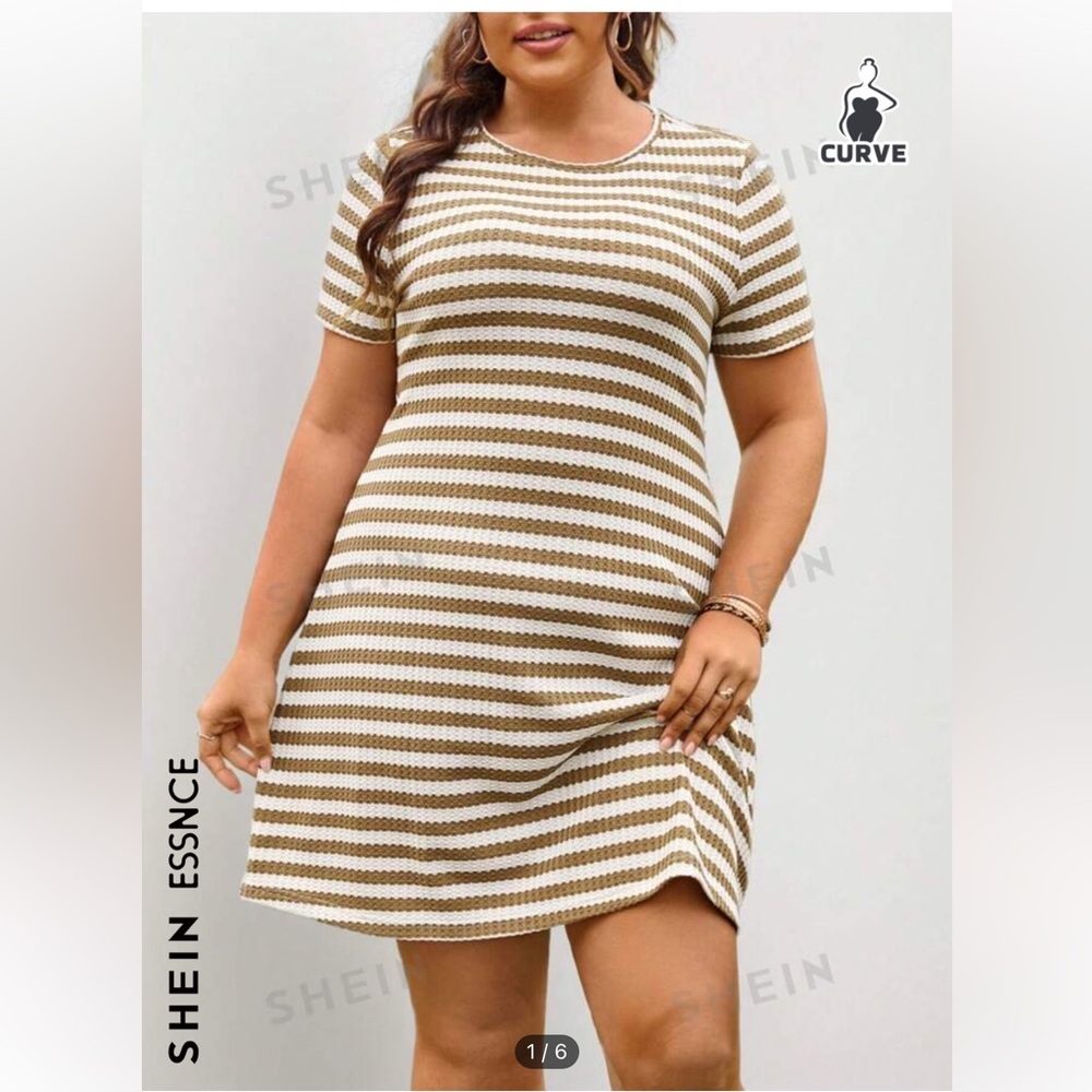 SHEIN Essnce Plus-Size Women Dresses Summer Striped Texture Slimming Waist